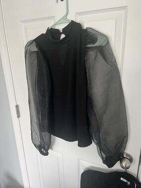 Lulu's Black Sheer Puff-Sleeve Mock Neck Blouse